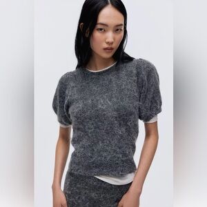 H&M Heathered Gray‎ Short-Sleeve Fuzzy Knit Top